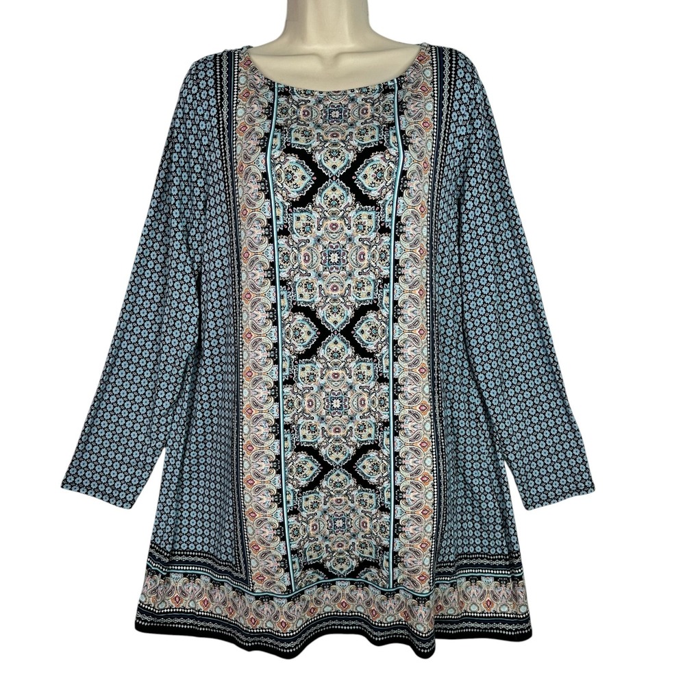 J. Jill Tunic Top Womens Large Blue Paisley Medallion Border Print Rayon Stretch